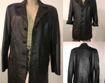 Vintage black leather jacket /oversized leather blazer / black leather trench / fits from S M and L /real leather boyfriend blazer coat /Y2K