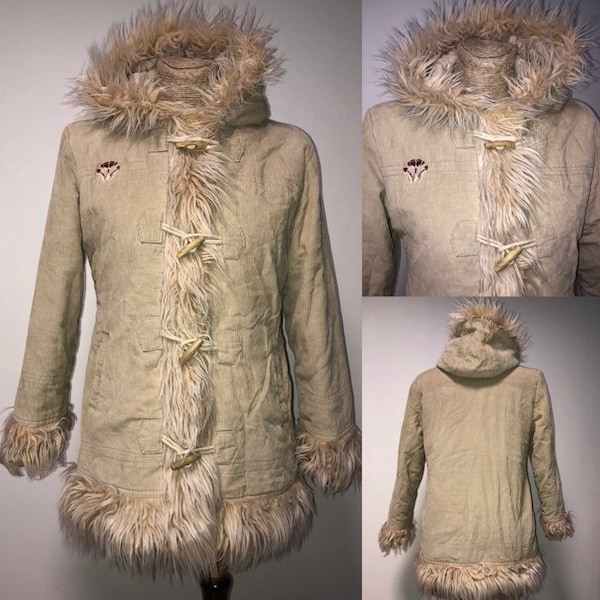 manteau afghan vintage crème cordon avec bordure en fausse fourrure hirsute taille XS manteau Penny Lane à capuche / manteau princesse / manteau esthétique noyau de fée