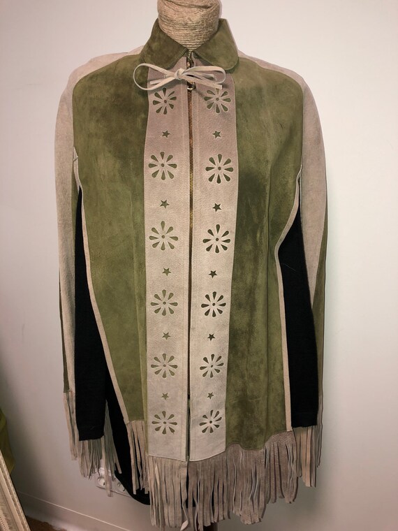 Vintage Mexican leather cape coat / colour block l