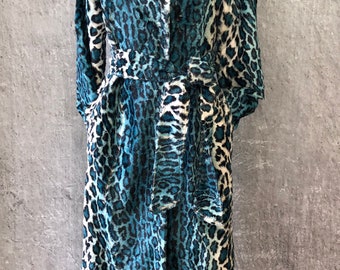 Vintage velvet robe coat blue/green faux leopard fur effect coat trench coat hand made XS/S New condition green black velvet trench coat