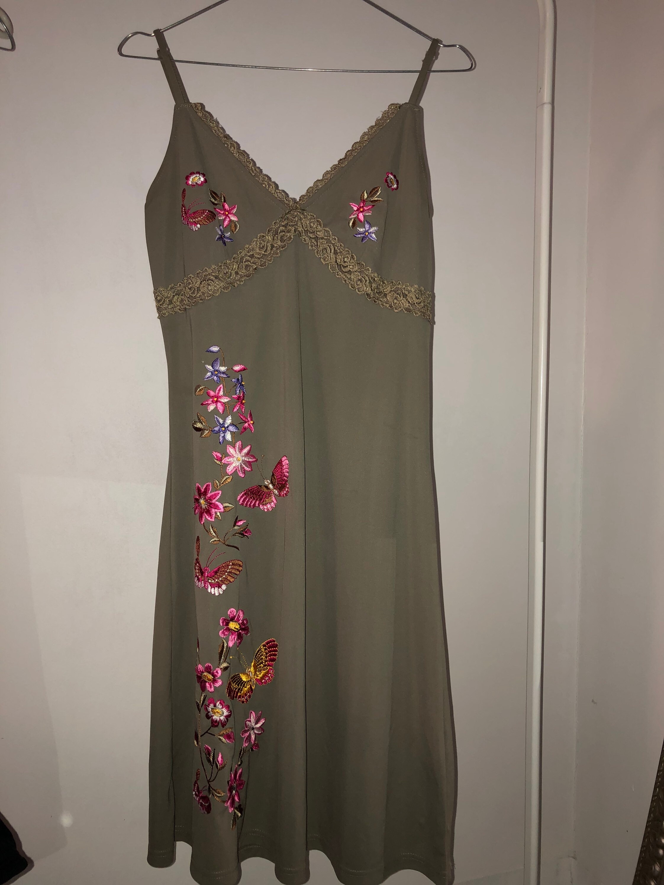 Y2K Embroidered Khaki Green Butterflies Camisole Dress Size M/L Etsy
