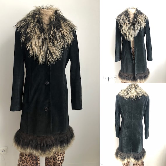 Black suede Afghan coat / lama fur and suede Afgha