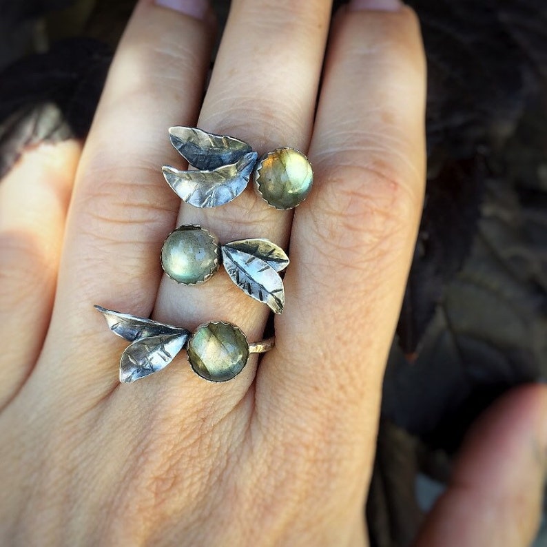 Spring Pear rings sterling silver hand forged leaves /& band with labradorite stone.
