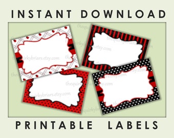 Ladybug Theme / Black, White, Red / Buffet Blank Label Cards / Ladybugs Party / Digital Printable PDF / INSTANT DOWNLOAD