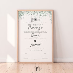 Nikkah Zertifikat digitaler Download, Islamische Heiratsurkunde Vorlage, Nikkah Vertrag, Grün Hochzeit Muslim, bearbeitbare Canva FPW002