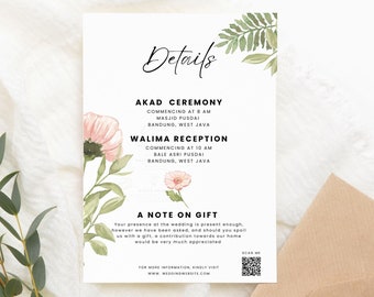 Muslim Wedding Details Card Template, Details Card with QR Code, Printable Wedding Enclosure Card, Wedding Invite Insert, Editable - FPW001