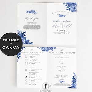 May include: A blue and white wedding invitation with floral accents. The invitation includes the names Safa Faris and Idris Saleh, the date 21.10.2X, and the text "Welcome to the Wedding of". The invitation also includes a schedule for the akad ceremony and the walimah reception.