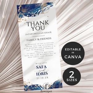 Plantilla de agradecimiento para invitados por el día de la boda, tarjetas de agradecimiento en azul real y dorado, tarjetas de agradecimiento para Nikkah, nota de agradecimiento para bodas musulmanas, WE1102