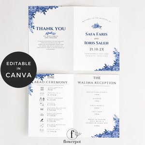 May include: A blue and white wedding invitation featuring floral designs. The invitation includes the names Safa Faris and Idris Saleh, the date 21.10.2X, and the text "Welcome to the Wedding of". The invitation also includes a schedule for the akad ceremony and the walimah reception.