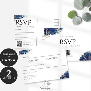 Modèle de carte RSVP bleu royal et bleu or, cartes RSVP mariage modèle toile, carte réponse imprimable mariage, carte de mariage musulman, WE1102