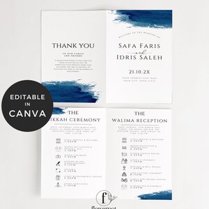 May include: A blue and white wedding invitation with a watercolour background. The invitation includes the names Safa Faris and Idris Saleh, the date 21.10.2X, and the text "Welcome to the Wedding of". The invitation also includes a schedule for the Nikkah Ceremony and the Walima Reception.