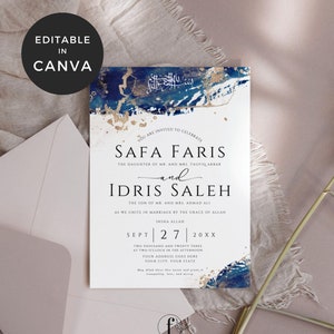 Faire-part de mariage bleu royal et or, faire-part de mariage musulman, faire-part Walima numérique, modèle d'invitation de mariage formel, WE1102