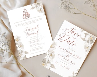 Invitación de boda digital musulmana Nikkah, invitación de boda islámica floral, tono tierra guardar la plantilla Canva de fecha, tarjeta Walima moderna, FPW003