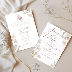 Faire-part de mariage numérique musulman Nikkah, invitation florale de mariage islamique, modèle de toile Save the Date ton terre, carte Walima moderne, FPW003