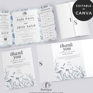Puede incluir: Un conjunto de invitaciones de boda con un diseño floral azul y blanco. La invitación incluye detalles sobre la ceremonia de boda, la recepción y la información de RSVP. La tarjeta de agradecimiento presenta un diseño floral azul con pájaros y el texto "gracias" y "Jazakmullah Khair familia y amigos".