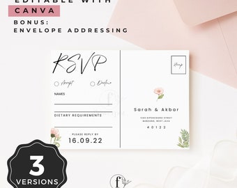 Postcard RSVP Wedding Template, RSVP QR Code Cards, Envelope Address Template, Wedding Insert Card Template, Editable Invite Canva FPW001