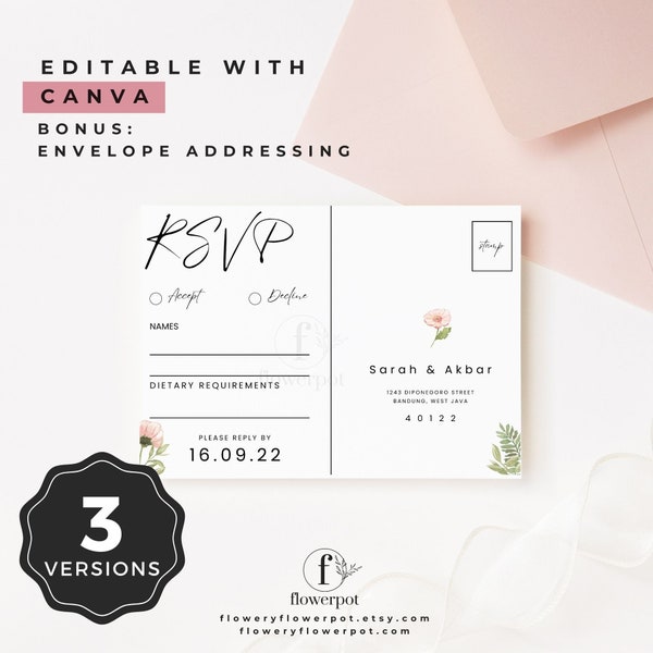 Postcard RSVP Wedding Template, RSVP QR Code Cards, Envelope Address Template, Wedding Insert Card Template, Editable Invite Canva FPW001