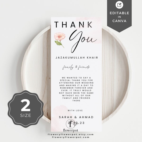 Muslim Wedding Thank You Card Template Canva, Blush Pink Floral Wedding, Printable Thank You, Minimalist Thank You Place Card - FPW001