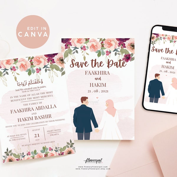Muslim Wedding Invitation, Cartoon Save the Date, Nikkah Invitation Template, Walima Card Design, Burgundy Blush Flower, Islamic Marriage