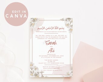 Invitación de boda musulmana imprimible Boho digital, plantilla de invitación Nikkah Canva, invitaciones islámicas para guardar la fecha, invitación Walima, Nikah