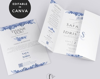 Gatefold Wedding Invitation Blue, Dusty Blue Invitation Gatefold, Muslim Wedding templates, Islamic Wedding Invitation Elegant, WE0701