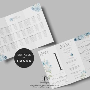 Può includere: Set di cancelleria per matrimoni bianco con accenti floreali blu. Include un tableau de mariage e un menu a tre ante con i dettagli dell'evento. Il testo "Editable in Canva" è su un cerchio nero.