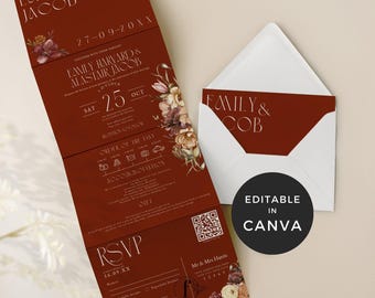 Vintage Wedding Invite Fall Burgundy, Trifold Wedding Invitations with Picture, Concertina Invitation Canva Template, All in One Invites