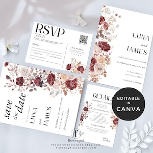 Puede incluir: Un conjunto de papelería de boda con detalles florales. El diseño incluye una tarjeta RSVP, una tarjeta de detalles, una tarjeta de guardar la fecha y una invitación. El texto incluye los nombres "LUNA y JAMES" y la fecha "25 DE OCTUBRE DE 2025".
