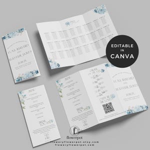 Può includere: Set di cancelleria per matrimoni con tableau a tre ante, menu e invito. I disegni sono bianchi con accenti floreali blu e testo. L'invito include i nomi Luna Harvard e Alastair James.