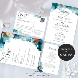Può includere: Un set di partecipazioni di nozze con un design ad acquerello turchese e oro. Il set include un biglietto RSVP, un biglietto salva data, un invito e un biglietto dettagli. I biglietti sono bianchi con una tipografia elegante.