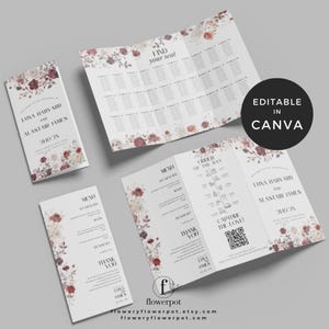 May include: Wedding stationery set featuring a floral design in burgundy and cream. Includes a welcome sign, menu, seating chart, and order of the day card. The text "Editable in Canva" is visible.
