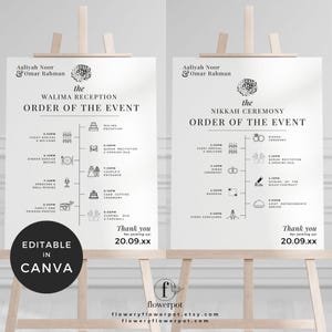 May include: Two white wedding signs on wooden easels. The signs detail event schedules for a Walima Reception and a Nikkah Ceremony, with text and icons. The signs are labelled "Editable in Canva" and include a website address.
