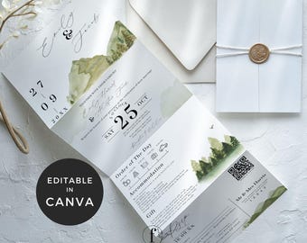 Trifold Mountain Wedding Invitations, Concertina Wedding Invite Template, Misty Forest Outdoor Wedding Invite, Woodland Invitation Canva