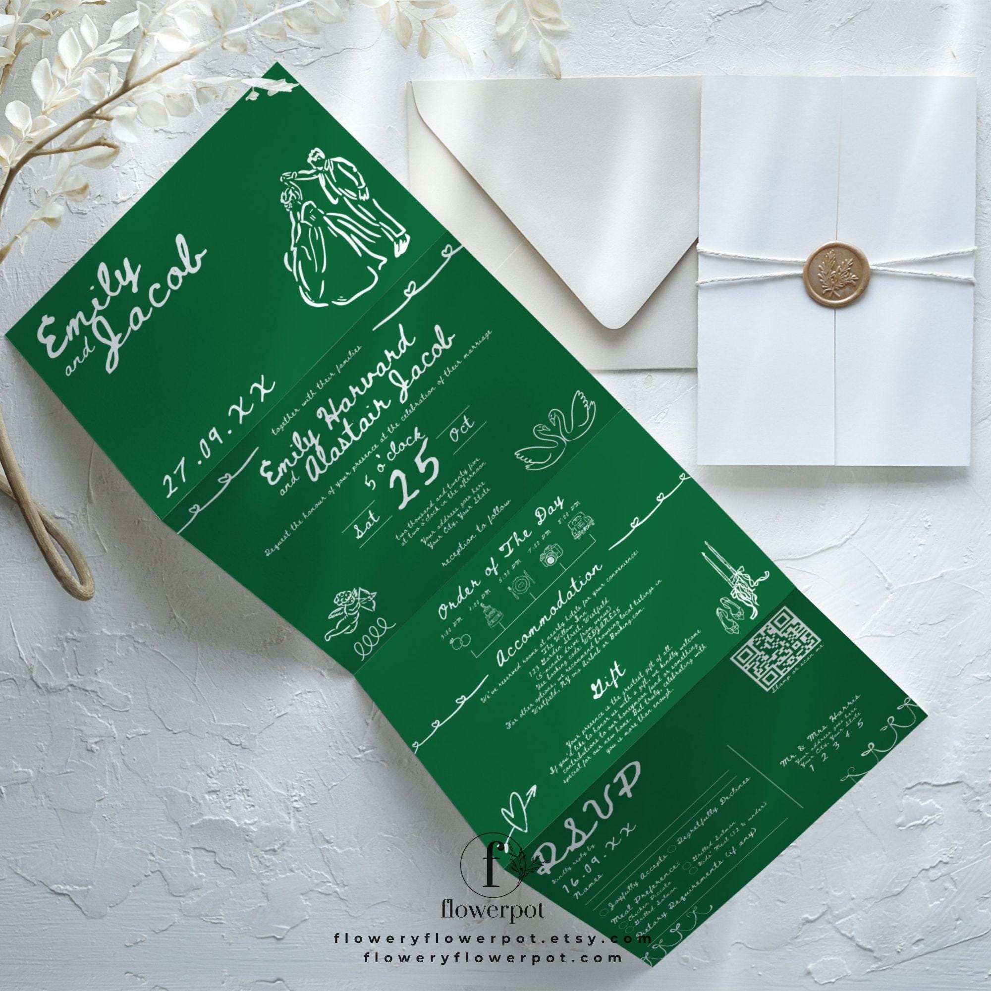 Whimsical Wedding Invitations Green, Trifold Wedding Invite With