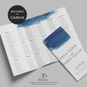 May include: A blue and white wedding seating chart with a watercolour design. The chart lists tables and guest names. The text "Welcome to the Wedding of Safa Faris and Idris Saleh 21.10.2X" is printed on the front cover.