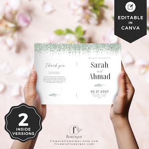 May include: Editable wedding programme template featuring a eucalyptus design. The programme includes the names Sarah and Ahmad, the wedding date 02.21.2023, and the location Bale Asri, Pusdai Bandung, West Java. The programme also includes a thank you message to family and friends.