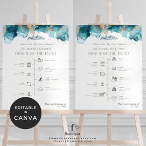 May include: Two wedding ceremony signs on wooden easels. The signs feature teal and gold watercolor accents and include event details. One sign is for the Nikah ceremony, the other for the Walima reception. The signs are labelled "Editable in Canva".