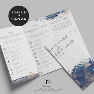 May include: A tri-fold wedding programme with a blue and gold watercolour background. The programme includes the schedule for the Nikkah ceremony, the Walima reception, and the couple's love story. The couple's names are Safa Faris and Idris Saleh, and the wedding date is 21.10.2X.