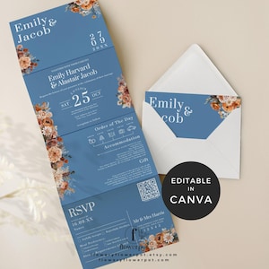 May include: A blue wedding invitation suite with floral accents. The invitation features the names "Emily & Jacob" and event details. An envelope with matching design is included. The text "EDITABLE IN CANVA" is also visible.