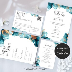 Può includere: Un set di partecipazioni di nozze con un design ad acquerello turchese e oro. Il set include un invito, un biglietto RSVP, un biglietto di dettagli e un biglietto "Save the Date". Il testo "Isabella and James" è presente sull'invito.
