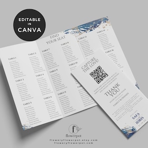 May include: A folded wedding seating chart with a blue and gold watercolour design. The chart lists tables and guest names. A separate card with a QR code encourages guests to capture the love and upload photos. The card also includes a thank you message to family and friends.