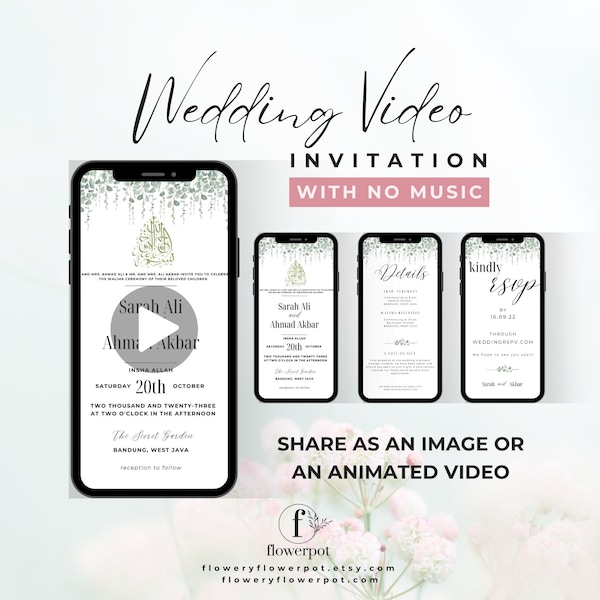 Animated Wedding Invitation Template, Digital Islamic Wedding Invitation Video, Muslim Wedding, Nikkah Evite, Modern Mobile Invite, FPW002