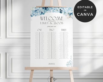 Long Table Wedding Seating Chart, Blue Hydrangea Wedding Welcome Sign, Wedding Seating Chart Signage Template, Floral Wedding Seating Plan