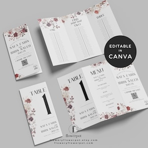 Pode incluir: Conjunto de papelaria de casamento com um mapa de assentos tríptico, cartões de mesa e menu. Os designs são brancos com detalhes florais bordô e texto preto. O texto inclui os nomes "SAFA FARIS E IDRIS SALEH" e "EDITABLE IN CANVA."