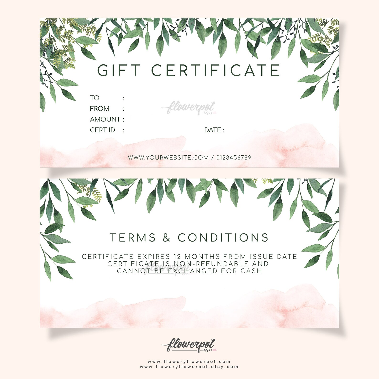 Greenery Foliage Gift Certificate Template Printable Gift Etsy