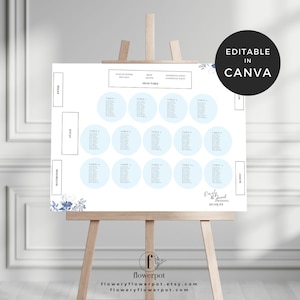 Plano de asientos para boda de 14 mesas, diagrama de asientos para boda, plano de asientos para boda estilo chinoiserie azul, plano de asientos para mesas florales, CIA