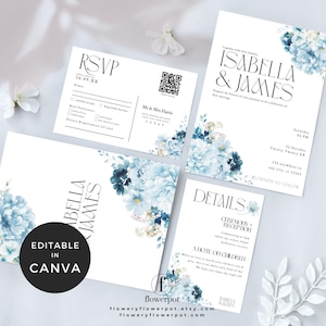 Hydrangea Wedding Invitation Suite Template, Blue Floral Wedding Invitation and RSVP, Dusty Blue Wedding Suite, Detail RSVP Card template