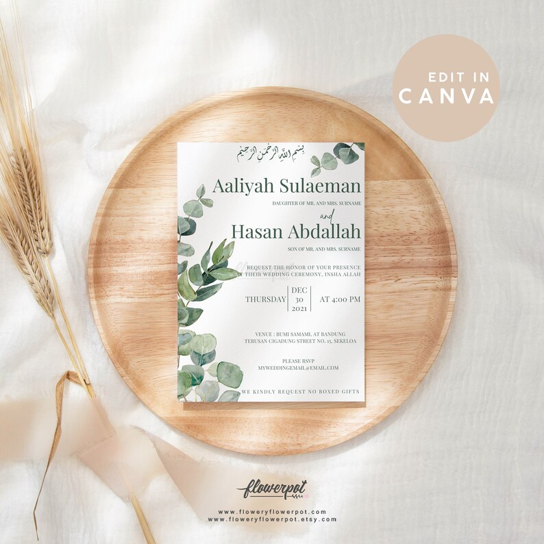 Digital Printable Muslim Wedding Invitation Template Editable with Canva