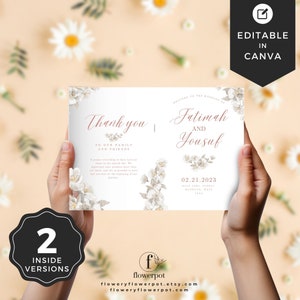 May include: A white wedding thank you card with floral illustrations and the text "Thank you to our family and friends". The card also includes the names "Fatimah and Yousuf" and the wedding date "02.21.2023".
