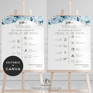 May include: Two white wedding ceremony signs on wooden easels. The signs feature a floral design and event details. The text includes "The Nikah Ceremony" and "The Walima Reception" with event timelines. The signs are labelled "Editable in Canva."